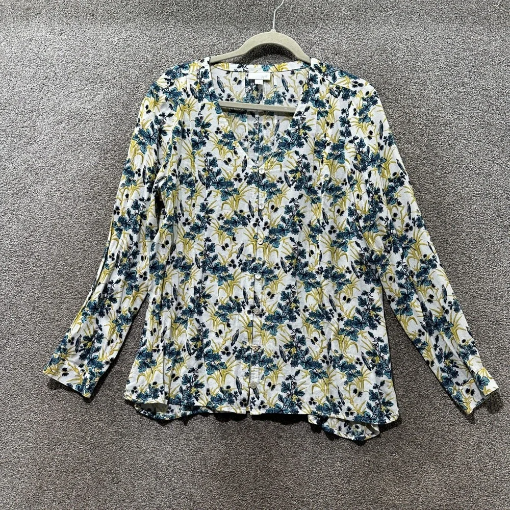 J Jill Button Up Blouse Top Womens Medium Floral Bird Print Rayon Cottage Nature